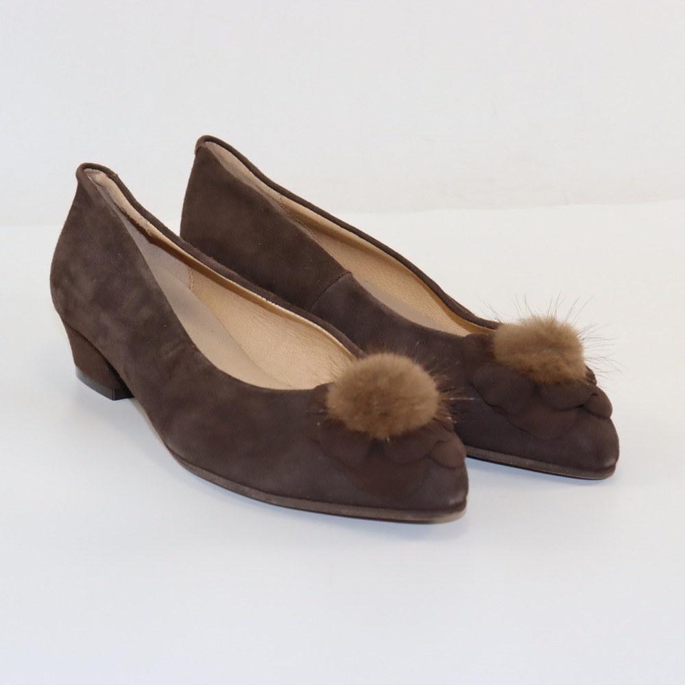 Sesto Meucci Pumps Womens 9.5 Brown Suede‎ Pom Pom Petal Low Block Heel Spain